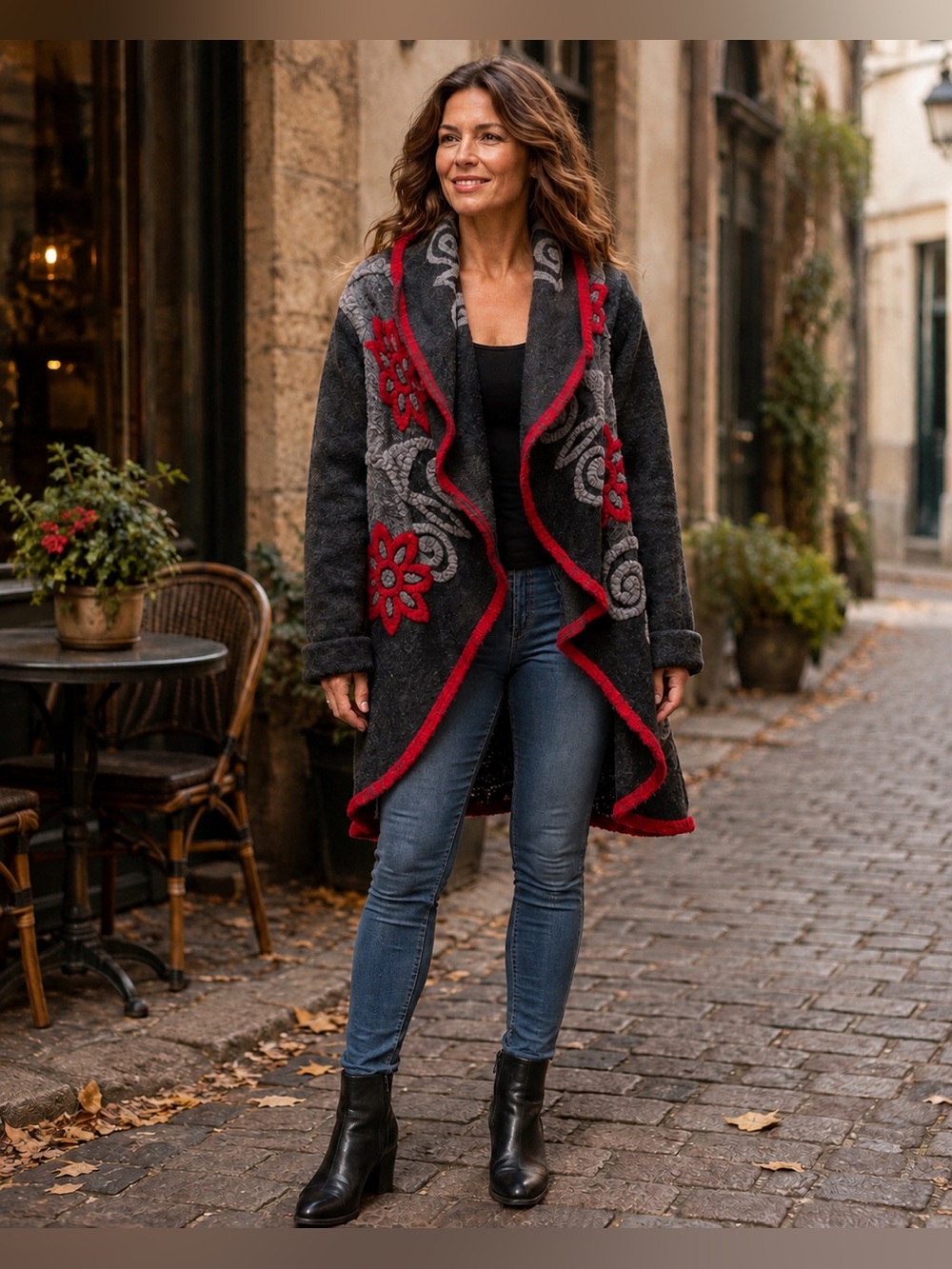 Made in Italy Wool Floral Cardigan Coat Gray Red Boho Lagenlook Jacket